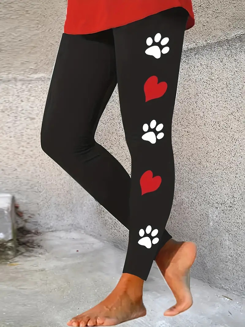 Dog Paw Heart Print Skinny Leggigns Casual Elastic Waist - Temu Canada