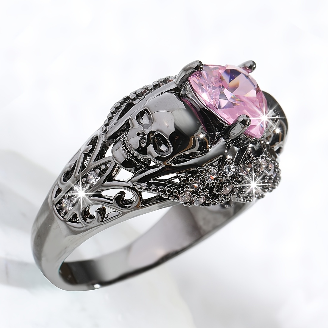 Skull Pink Heart Zircon Ring for Women