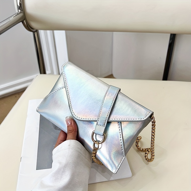 Laser Envelope Metal Chain Crossbody Bag Pu Leather Textured Bag