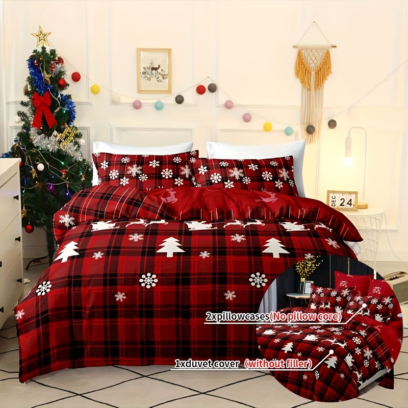 

3-piece Christmas-themed Duvet Cover Set - Checkered Elk Snowflake Print, Soft & Breathable, Perfect For Bedroom, Guest Room & Dorm!