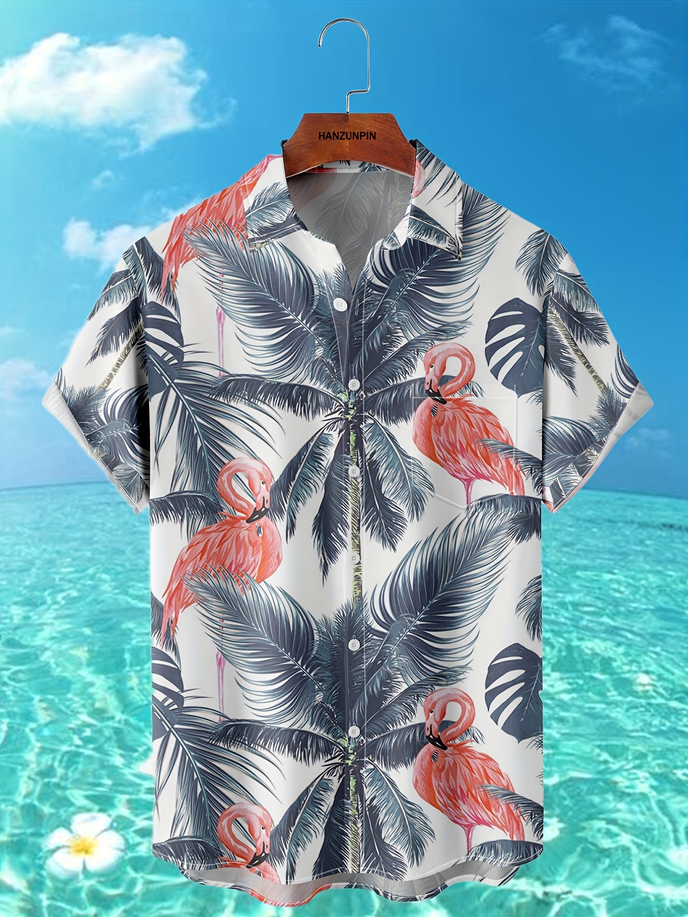 Flamingos Print Lapel Neck Short Sleeve Shirt, Men's Non-Stretch Vacation Summer Casual Resort Hawaiian Shirt,Casual,Temu