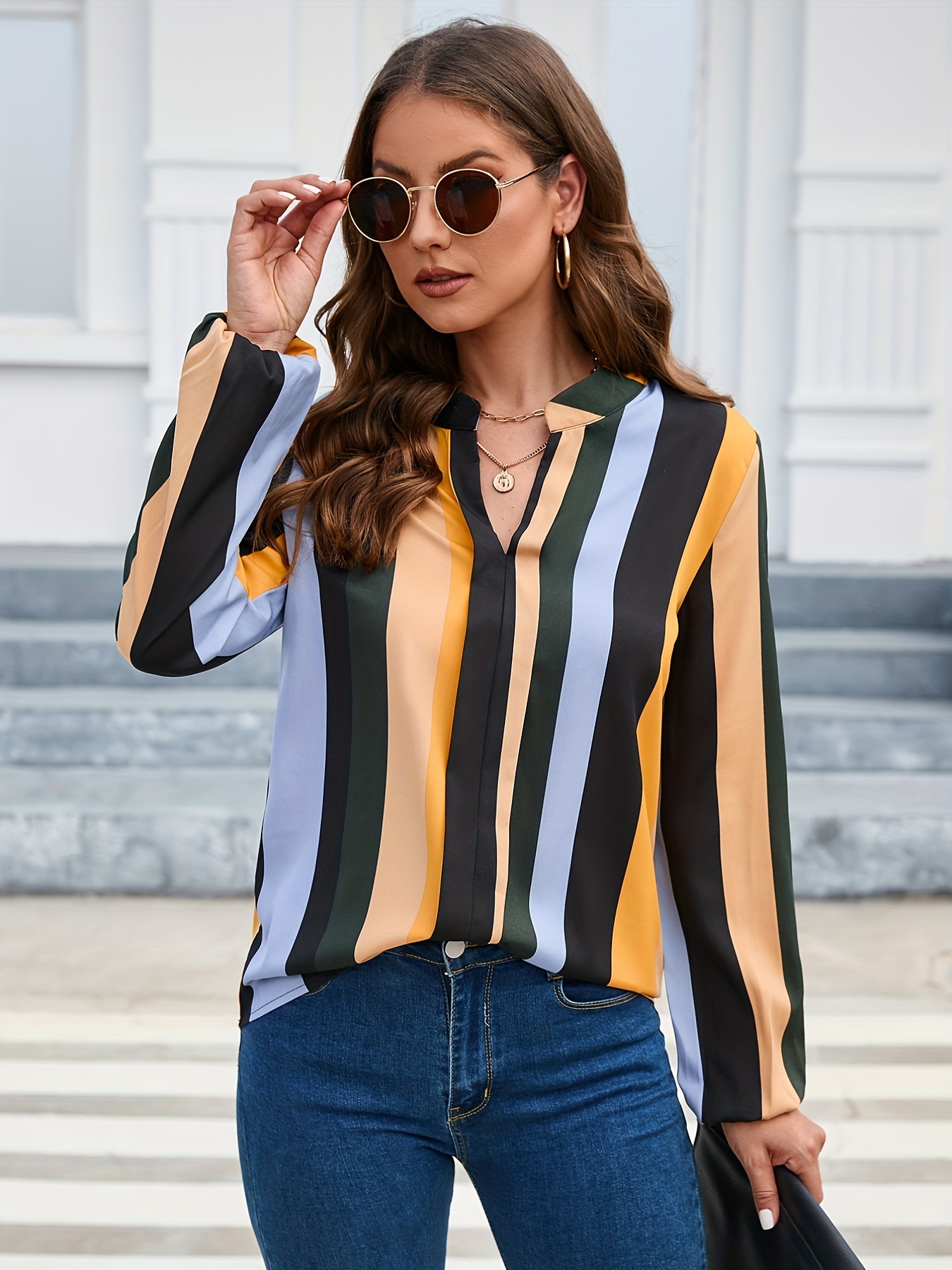 Wavy Stripe Simple Blouse, Elegant V Neck Long Sleeve Blouse, Women's  Clothing - Temu