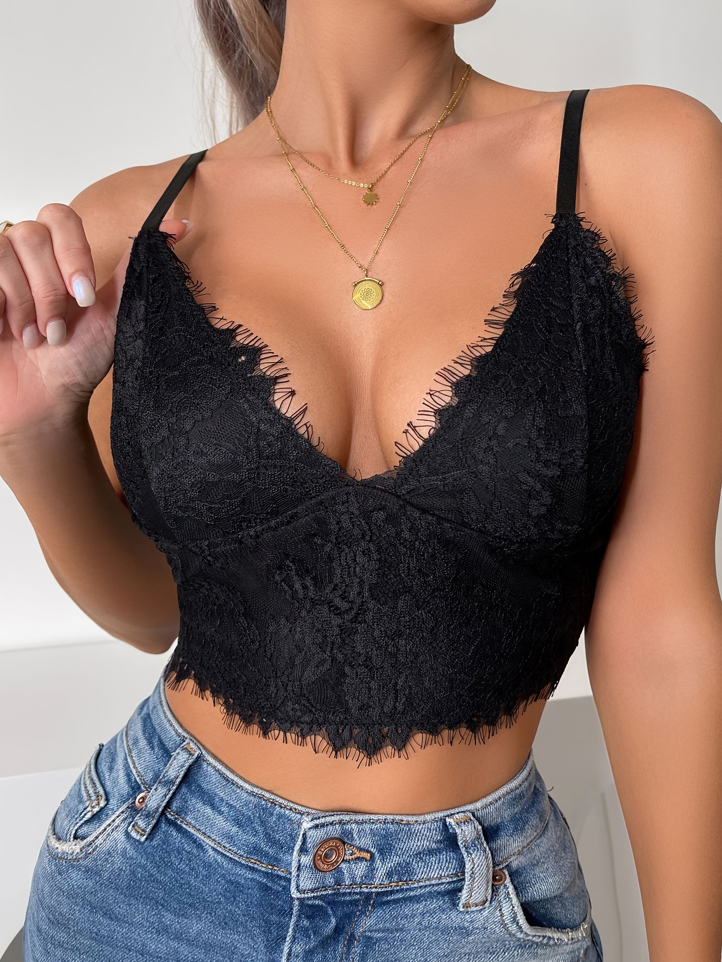 Womens Tank Top Lace Cami Very Sexy Black Low Cut Spaghetti Strap Camisole M