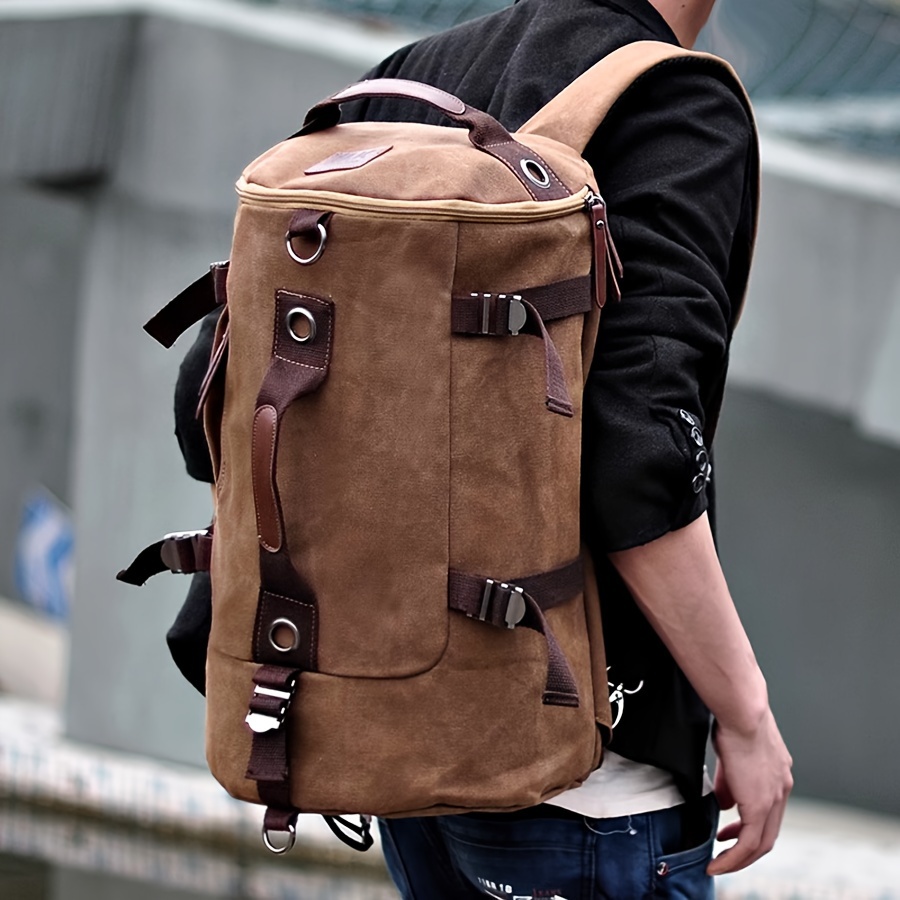 1pc Men's Fashion Canvas Backpack, Travel Large Capacity Outdoor Casual Cylinder Bag