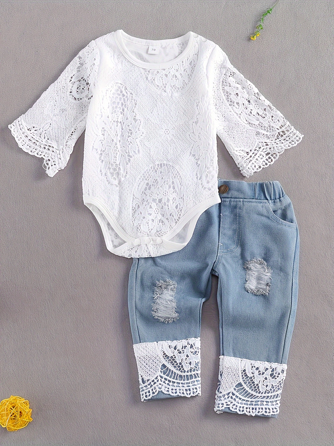 Infant Baby Girl Bell Bottom Jeans Off Shoulder Romper Knit Lace Ruffle  Ribbed Bodysuit Denim Flare Pants Headbands Outfits 