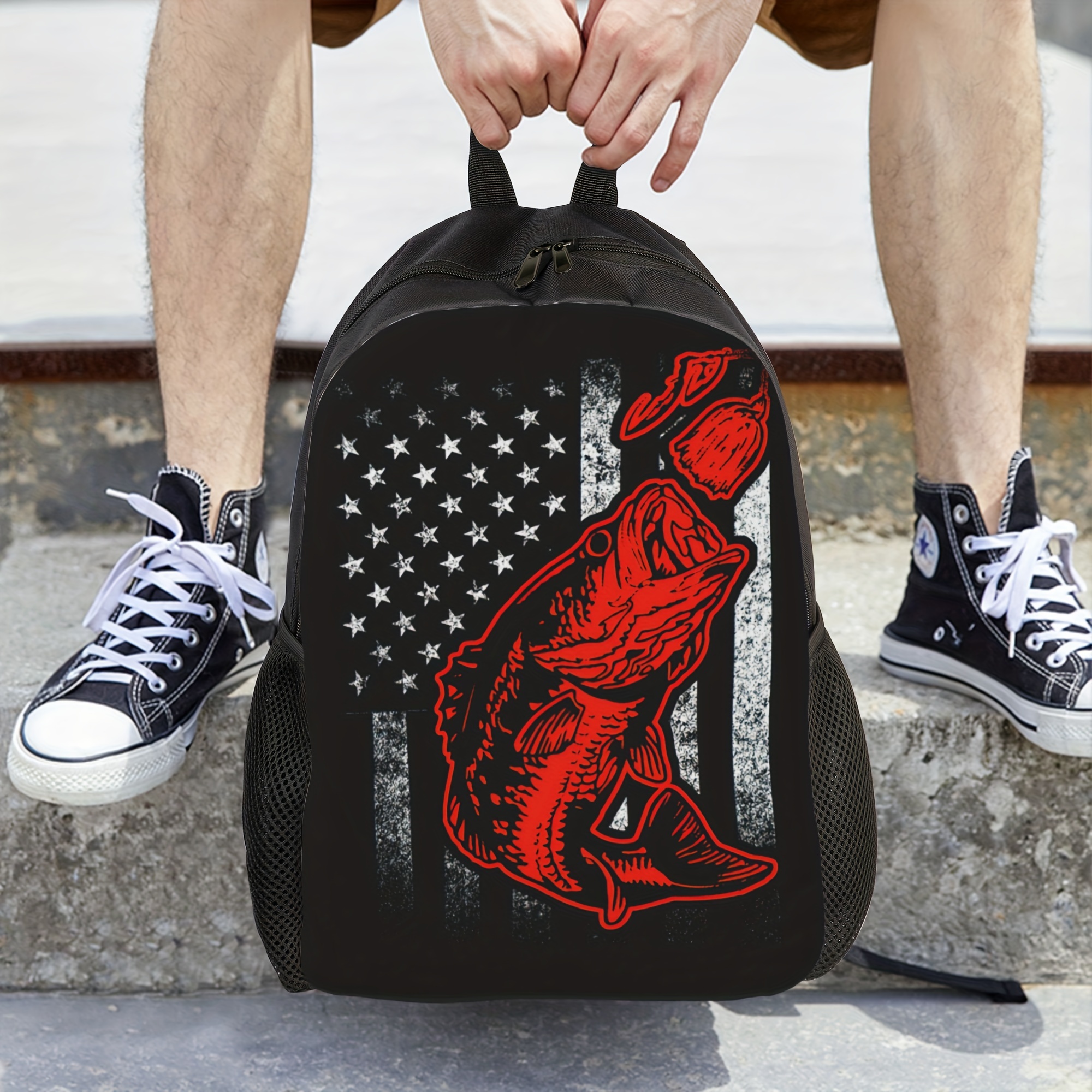 Bass Fish Lures And American Flag Casual Backpack, School Bag, Fashion  Lightweight Outdoor Backpack, Holiday Gifts