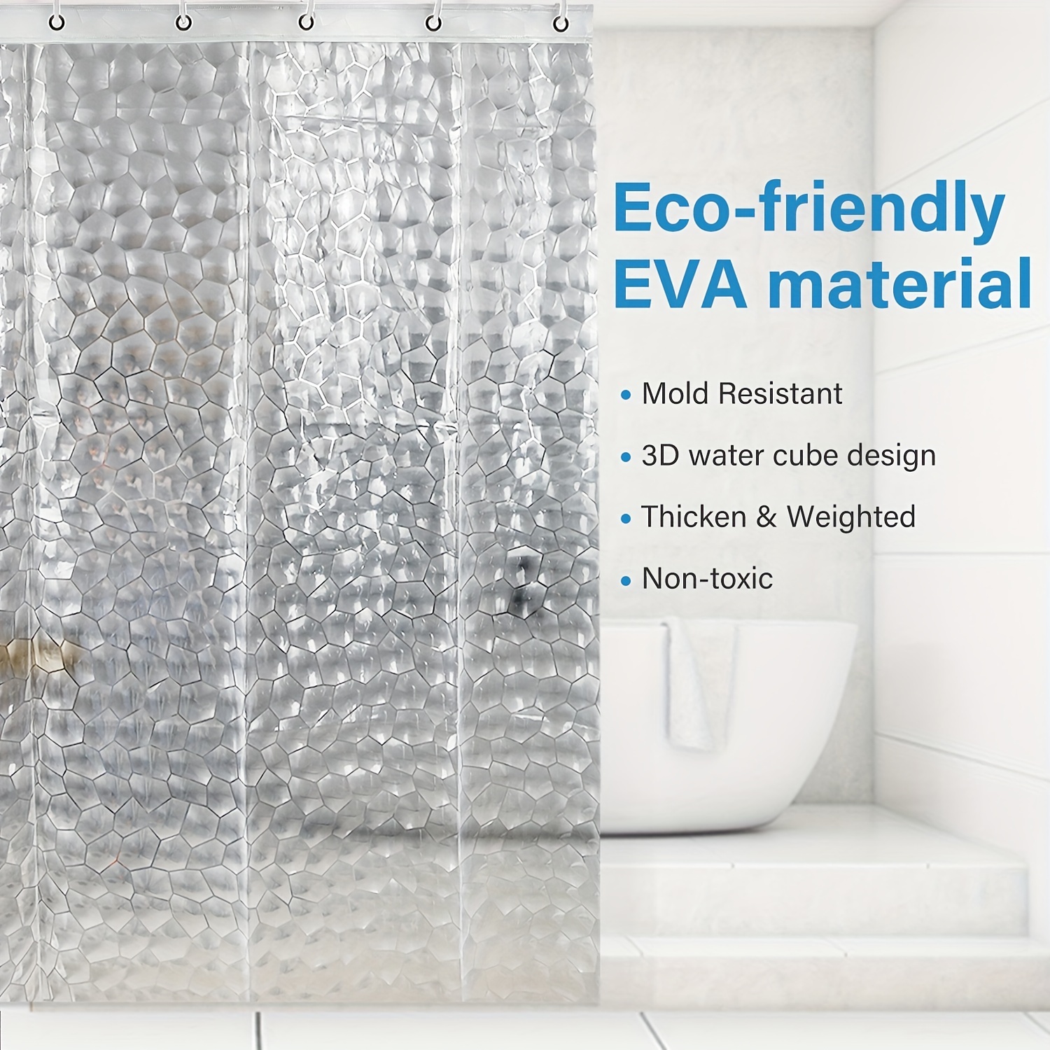Cortina de ducha de PEVA 3D, impermeable, a prueba de moho, transparente,  con ganchos, cortinas de