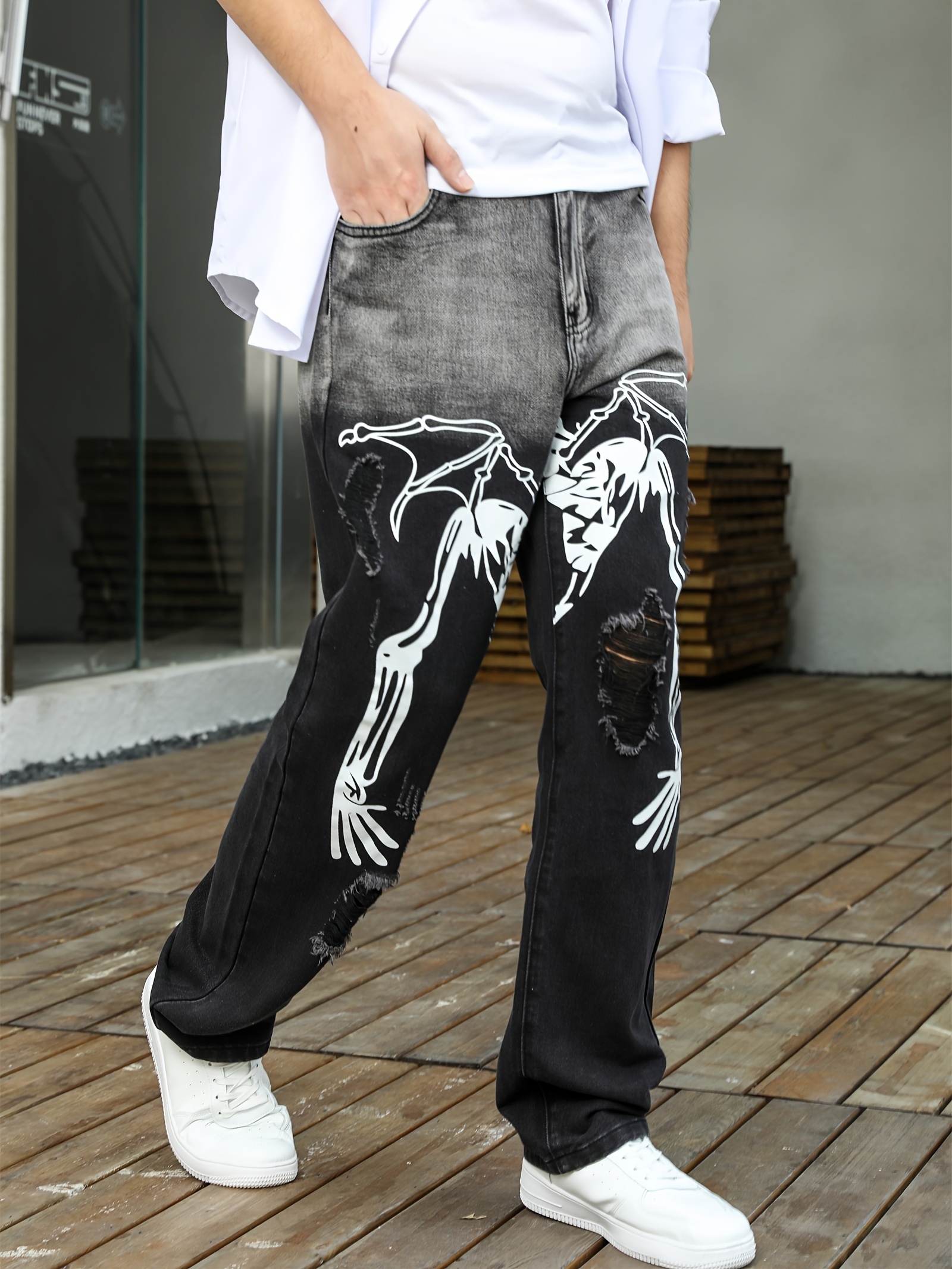 Jeans Men Skeleton Baggy Casual Jean Pants Mens Japan Style