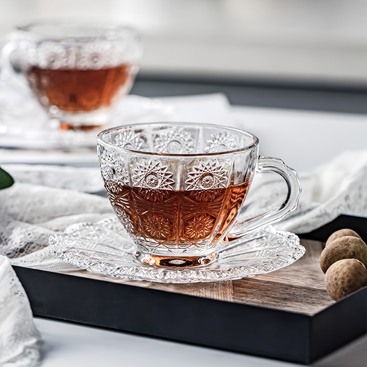 Transparent Glass Coffee Cup And Saucer Luxury Embossed Glass Tea