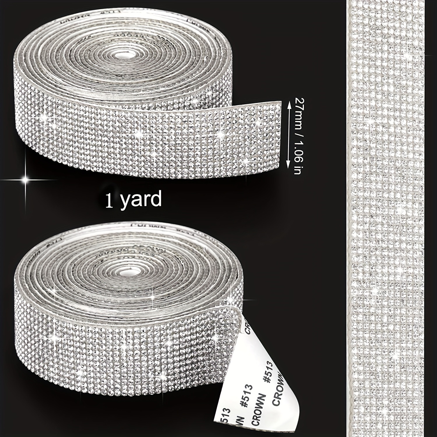 1 Yard Rhinestone Ribbon Adhesive Rhinestones for Crafts Crystal Bling  Rhinestone Diamond Ribbon Strips Roll for Decoration Crafts DIY Wrapping 1  Roll (Silver)