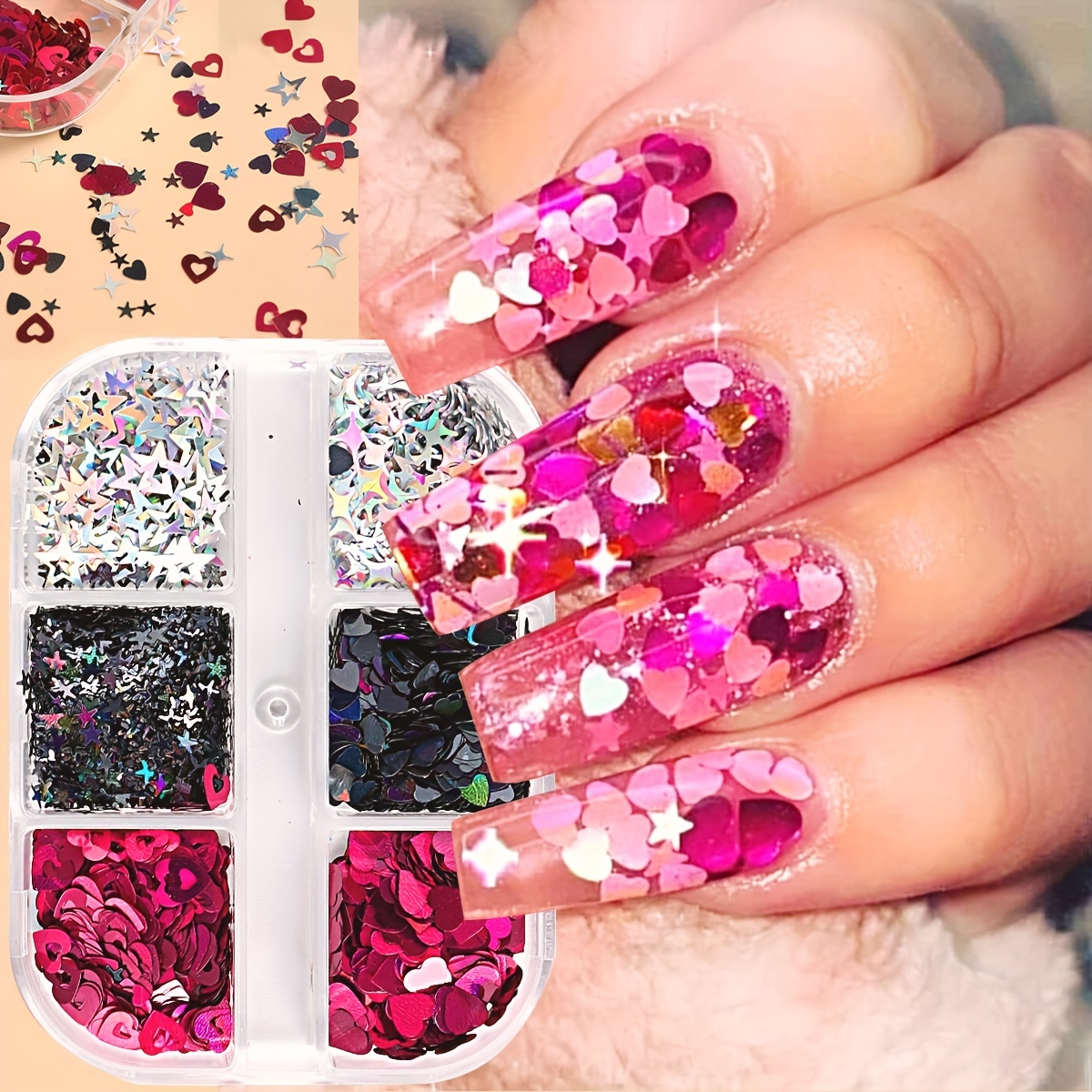 Heart Shaped Glitter Flakes Nail Glitter Sequins Set - Temu