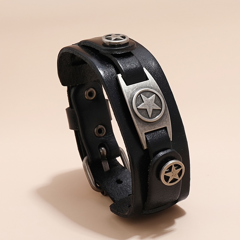 1pc pulsera de hombre de cuero   premium estilo punk rock con diseño de   estrellas de aleación de   - brazalete     para moda de tendencia, pulsera casual|joyería de declaració etalle de estrella   5