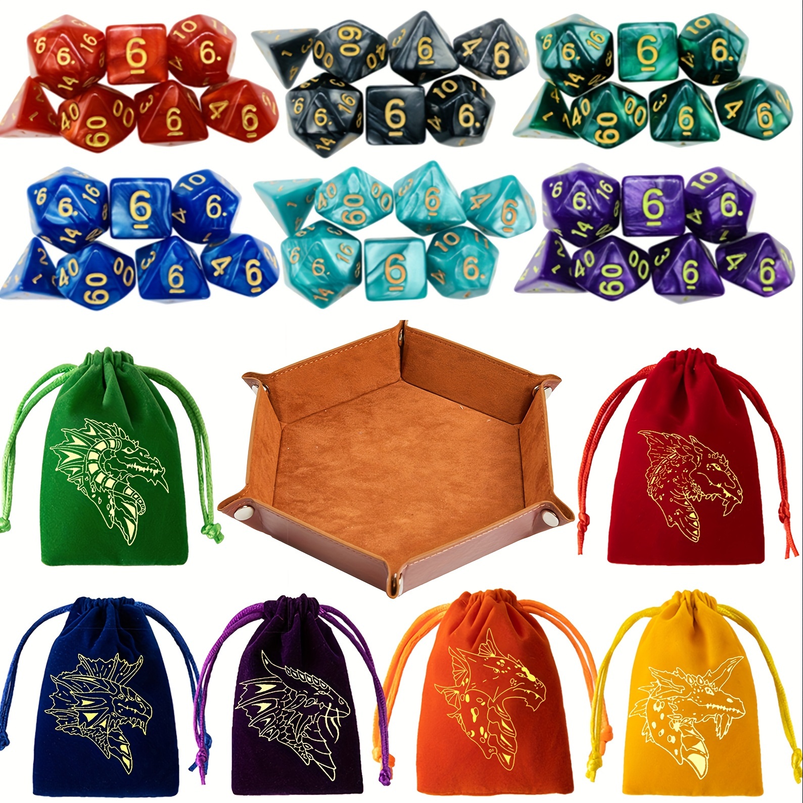 

6 Sets Polyhedral Table Game Dices Bulk With Free 6 Drawstring Bags And Pu Leather Dice Tray, Gaming Gift