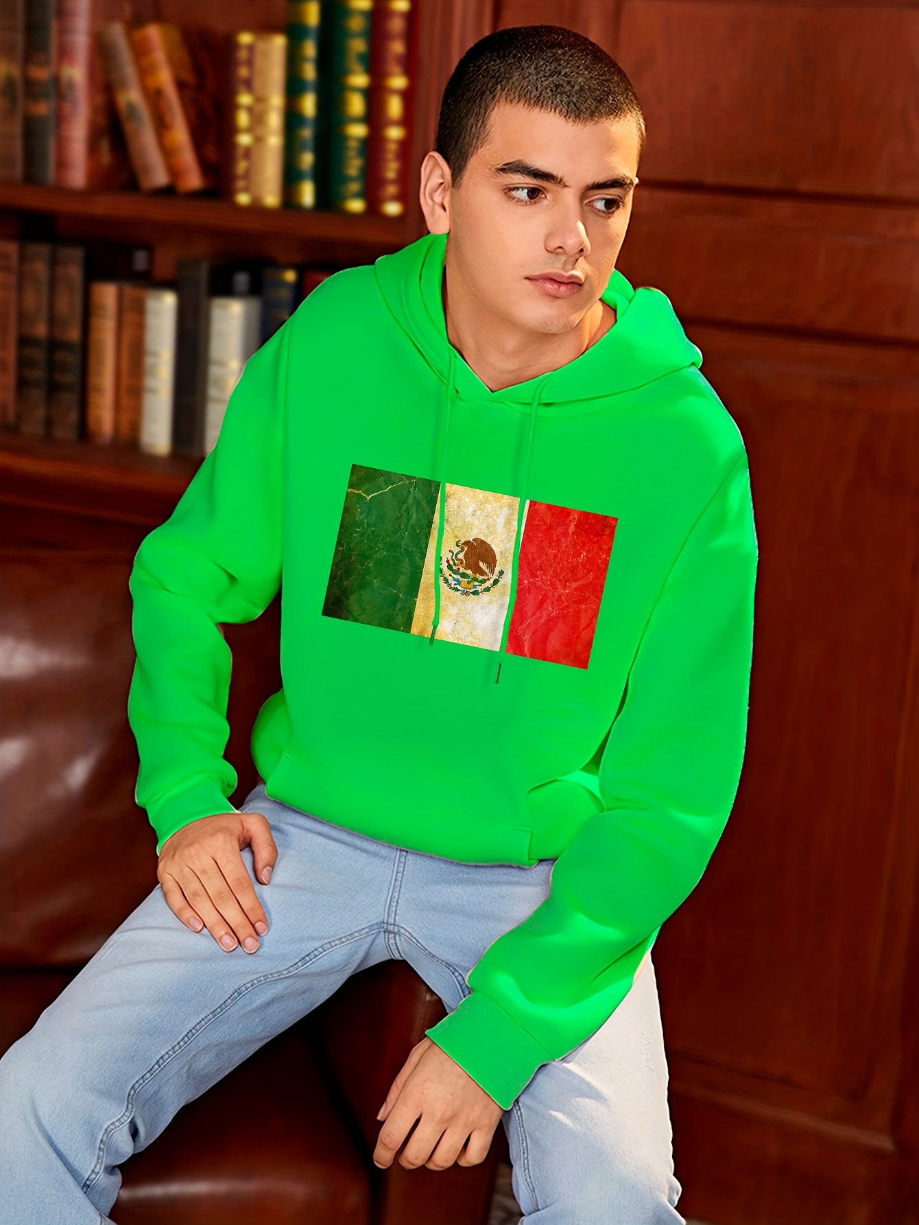 Plus Size Men's Mexican Flag Print Hooded Sweatshirt Oversized