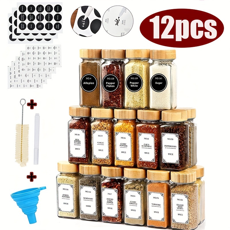 Square Glass Seasoning Bottles With Spice Label, Seasoning Jars With Bamboo  Lid, Silicone Funnel, Sealed Seasoning Bottles, Waterproof Spice Bottle,  Moisture-proof Pepper Bottle With Cleaning Brush And Label Pen, Kitchen  Gadgets, Cheap