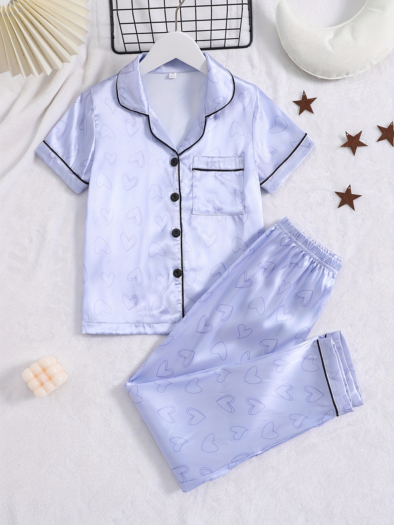 Cartoon Pattern Kid's Satin Pajamas, Button Front Top & Pants Set