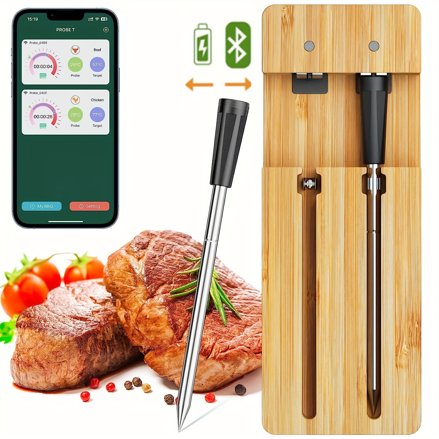 Wireless Smart Meat Thermometer for BBQ, Oven, Grill, Kitchen, Smoker,  Rotisserie, Wireless 5.0 BT, 4 Probes, Timer Setting, Multi-Functional  Recipes