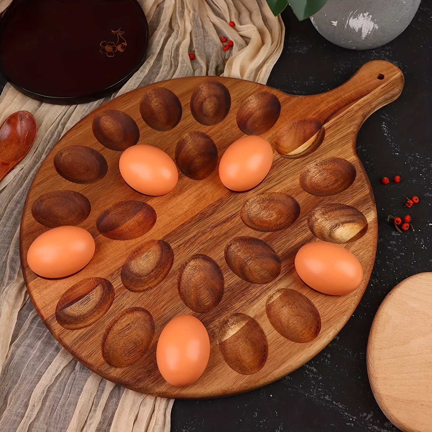 E-shop Deviled Egg Platter, Charcuterie Board Deviled Egg Tray, Qualität Akazienholz 24 Löcher Runde Charcuterie Board, Käsebrett, Schneidebrett,