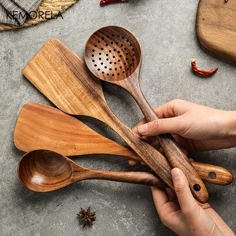 Cucharas de madera para cocinar, juego de 10 utensilios de madera para  utensilios de cocina antiadherentes, utensilios de teca natural para  cocinar
