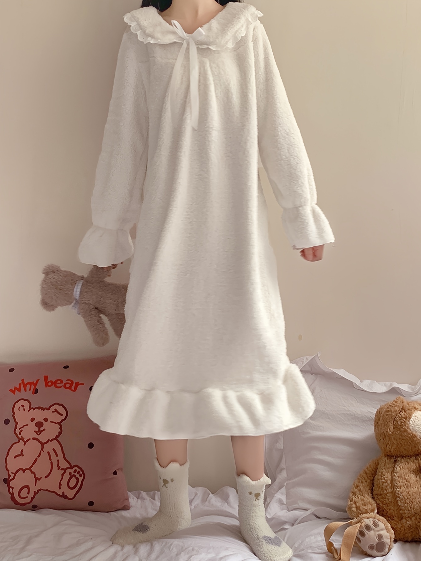 Solid Fuzzy Ruffle Nightdress Cute Long Sleeve Bow Pajama - Temu