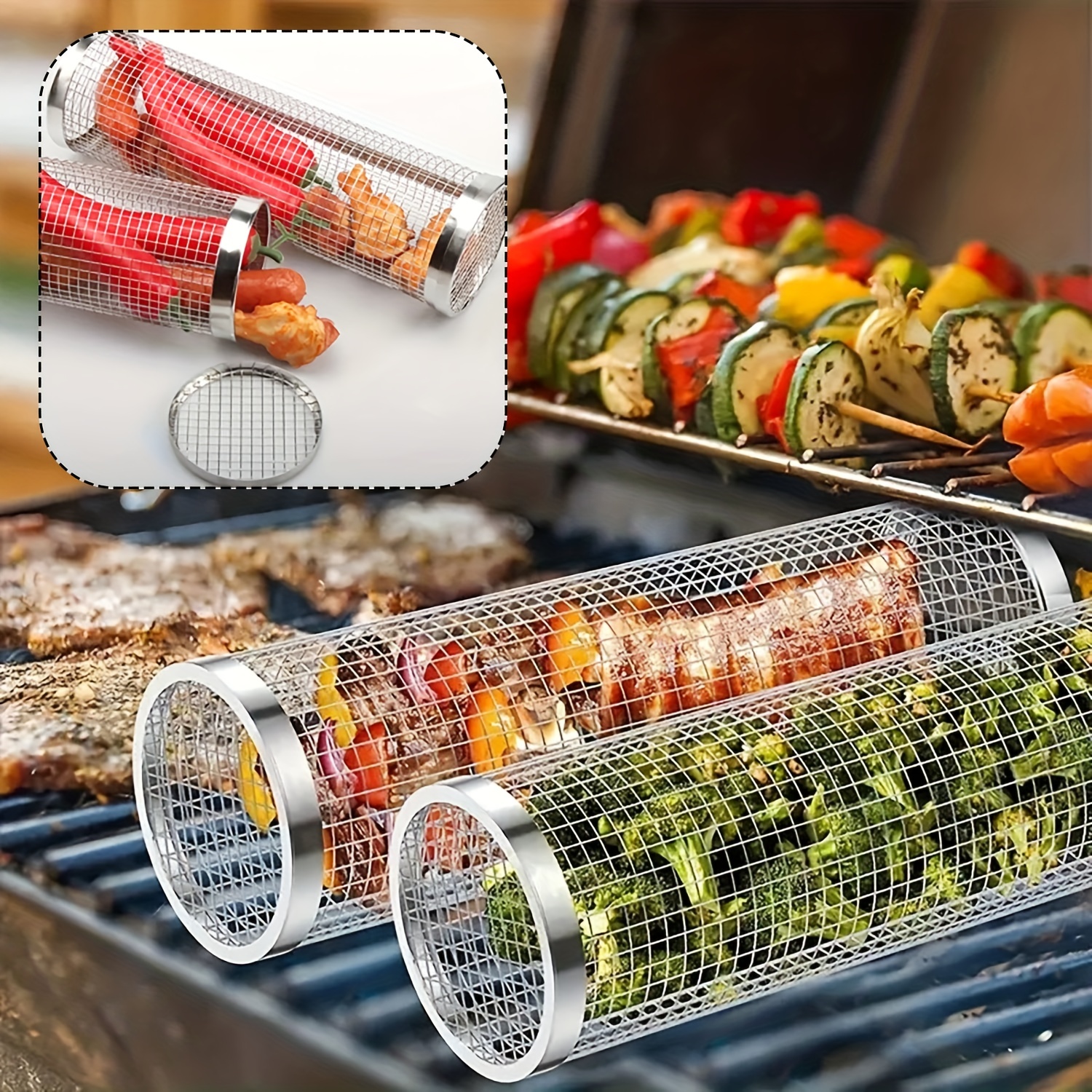 Outdoor Rolling Grilling Bbq Basket, Stainless Steel Leakproof Mesh Barbecue  Rack, Picnic Camping Simple Cylindrical Bbq Grill, Bbq Tools, Bbq  Accessories, Grill Accessories - Temu