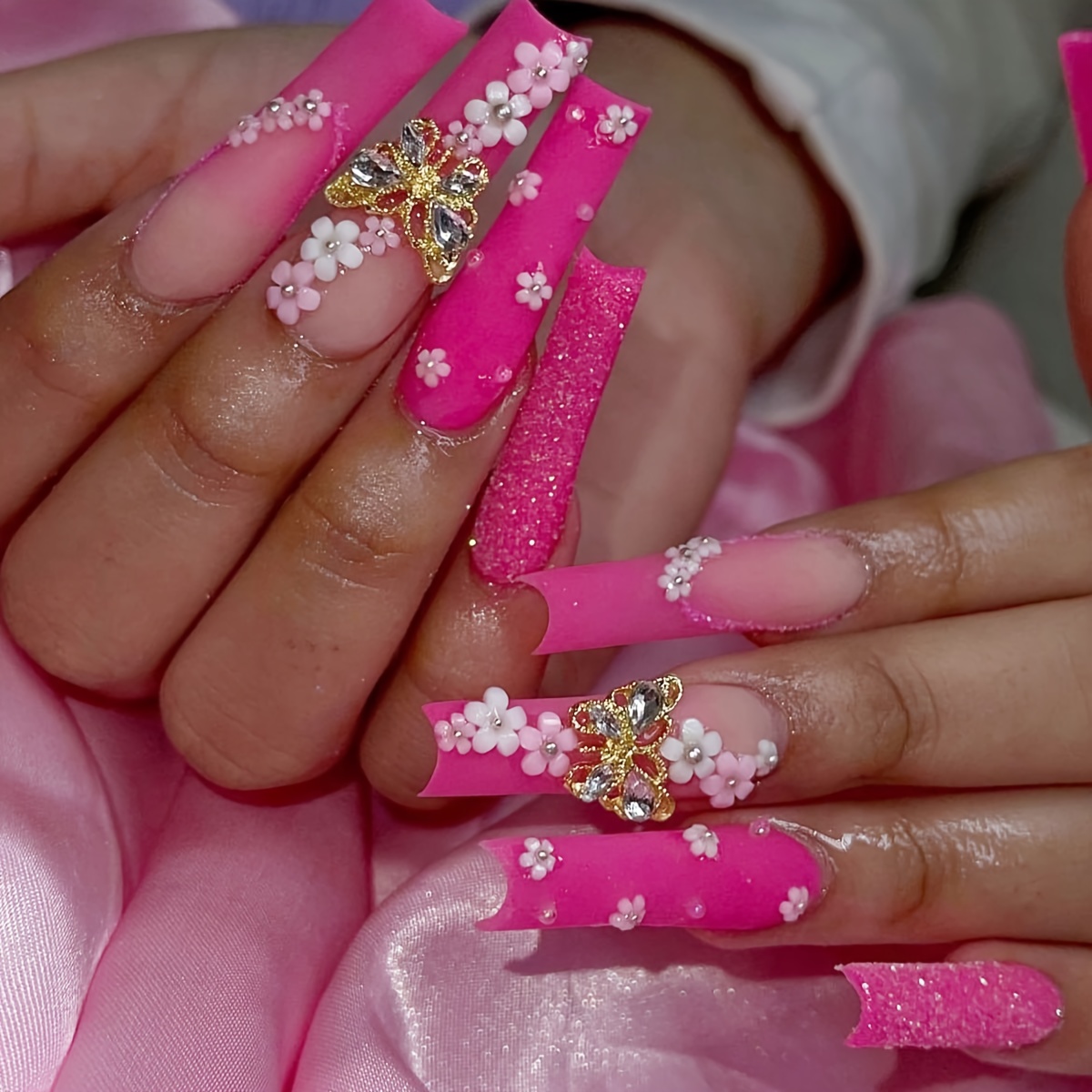 Long Ballerina Fake Nails Nude Pink Glitter Floral Full Artificial Press On  Nail