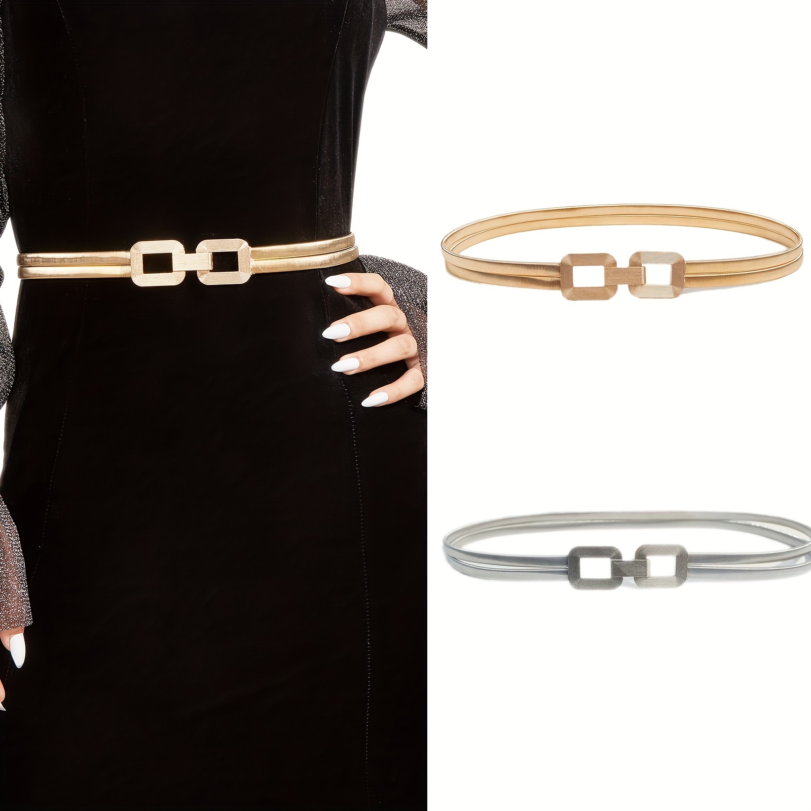 Ladies Womens Belt Stretch Elasticated Waist Belt Dress Thin Gold Metal  Buckle