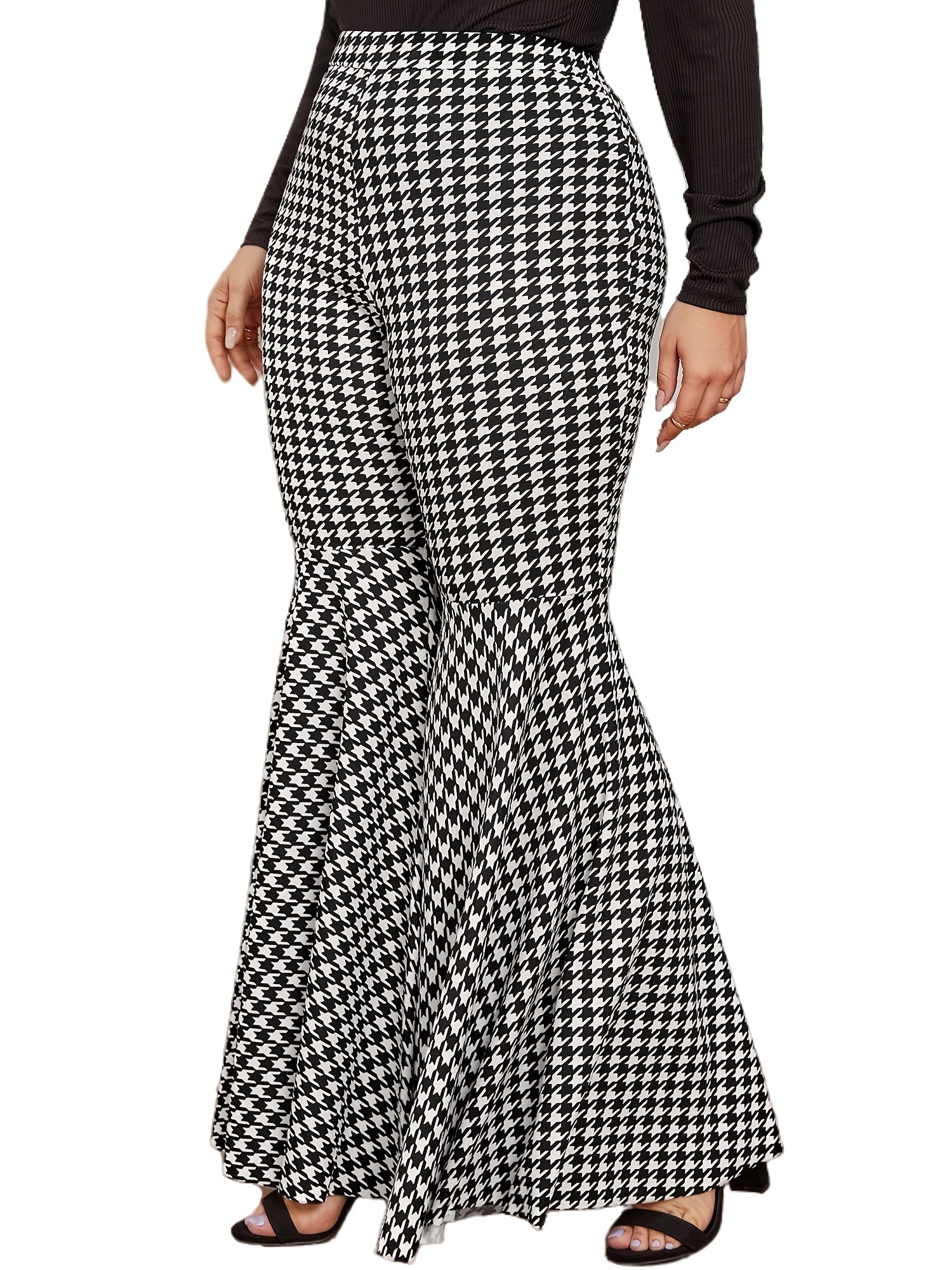 Houndstooth Flared Pants Retro High Rise Plus Women's