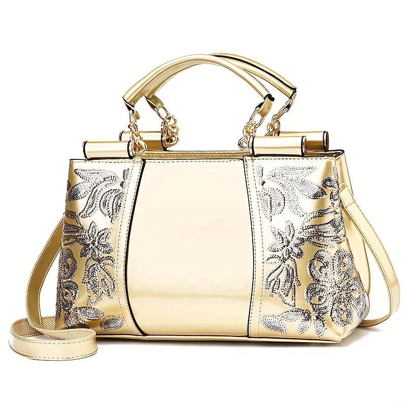 Elegant Floral Pattern Handbag, Women's Fashion Faux Leather Shoulder Bag, Trendy Double Handle Purse,Hand Bags,Temu