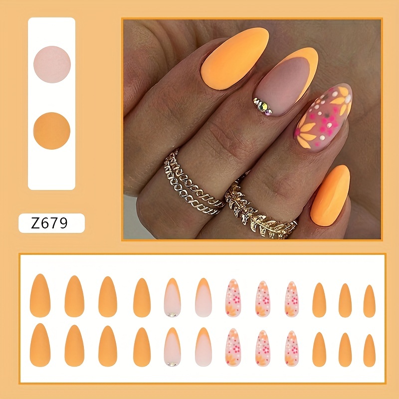 Neon Yellow Square Press On Nails Fake Medium Nail False Fashion 24 Pcs Set