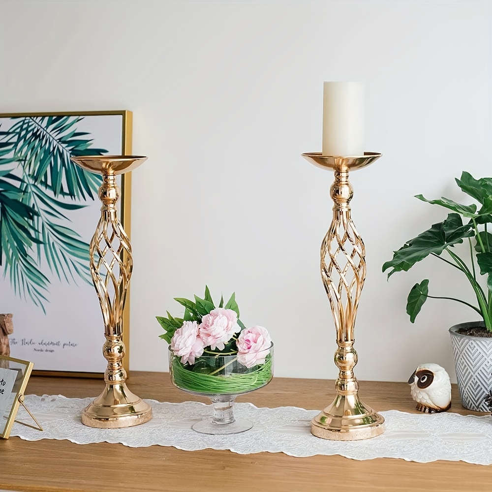 Set Of 4 Gold Metal Pillar Candle Holders, Wedding, Centerpieces