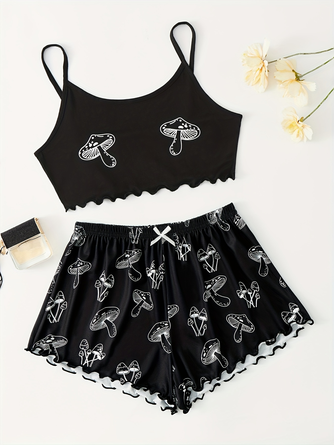 Cute Mushroom Print Lettuce Trim Cami And Shorts Pajama Set, Women's  Sleepwear & Loungewear
