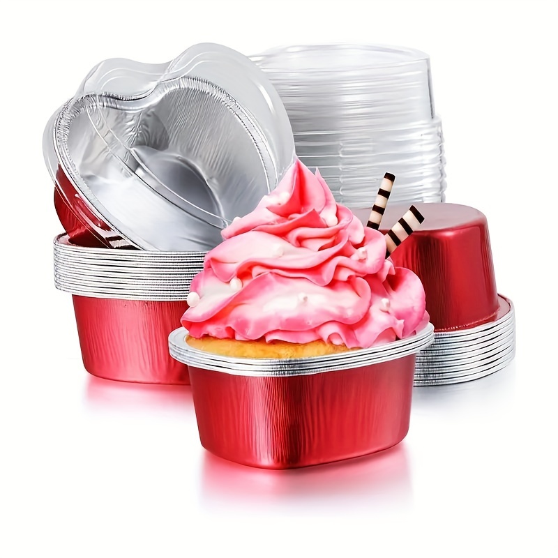 50pcs Heart Shaped Cake Pans with Lids, Aluminum Foil Cake Pan Baking Cupcake Pans for Holiday Birthday Wedding Parties, Size: 50 Pcs, Pink