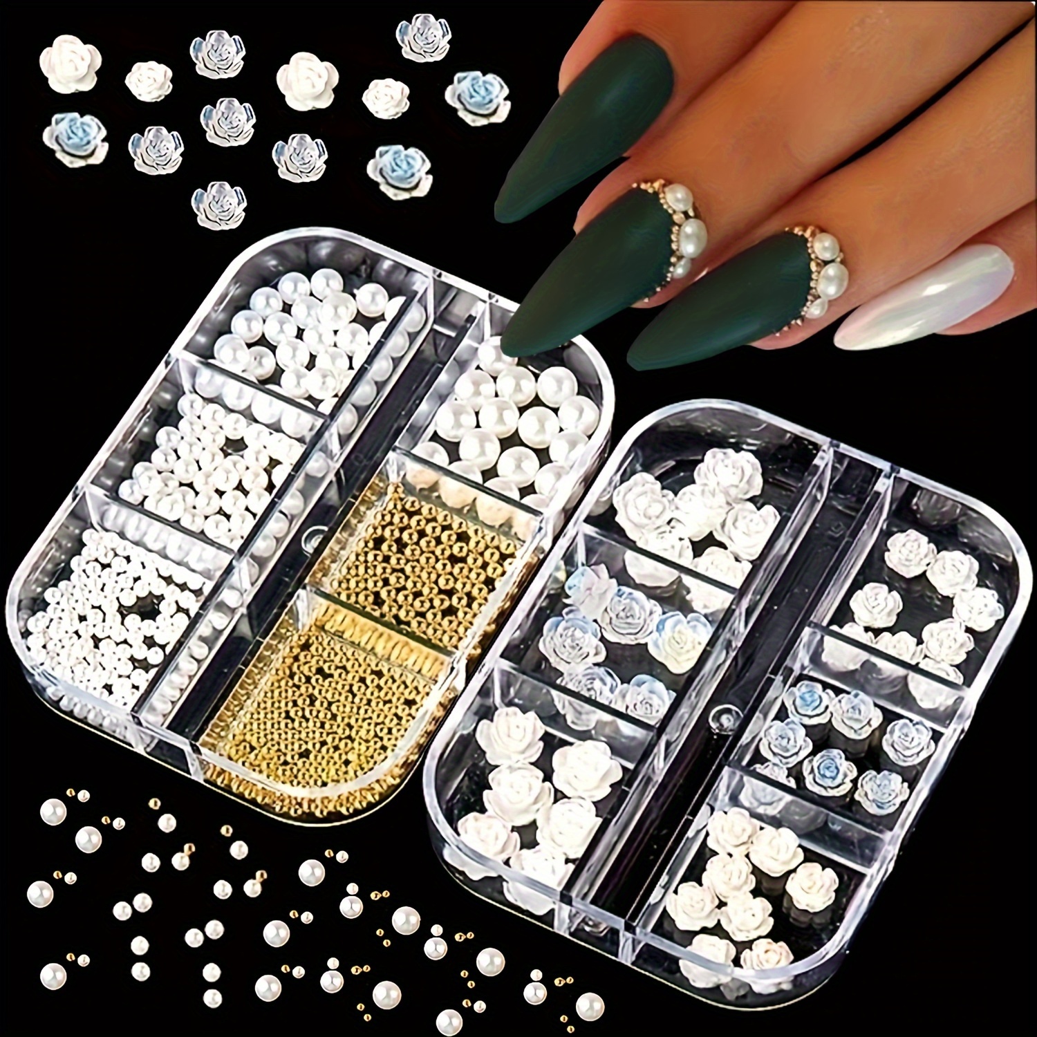 2 Boxes Nail Art Pearls Flatback Pearls Nail Charms Gold Silver White Half  Round Nail Art Supplies Luxurious Design Nail Accessories Rhinestones Mixed  Various Sizes 0.8mm-5mm for Women Nail Decoration