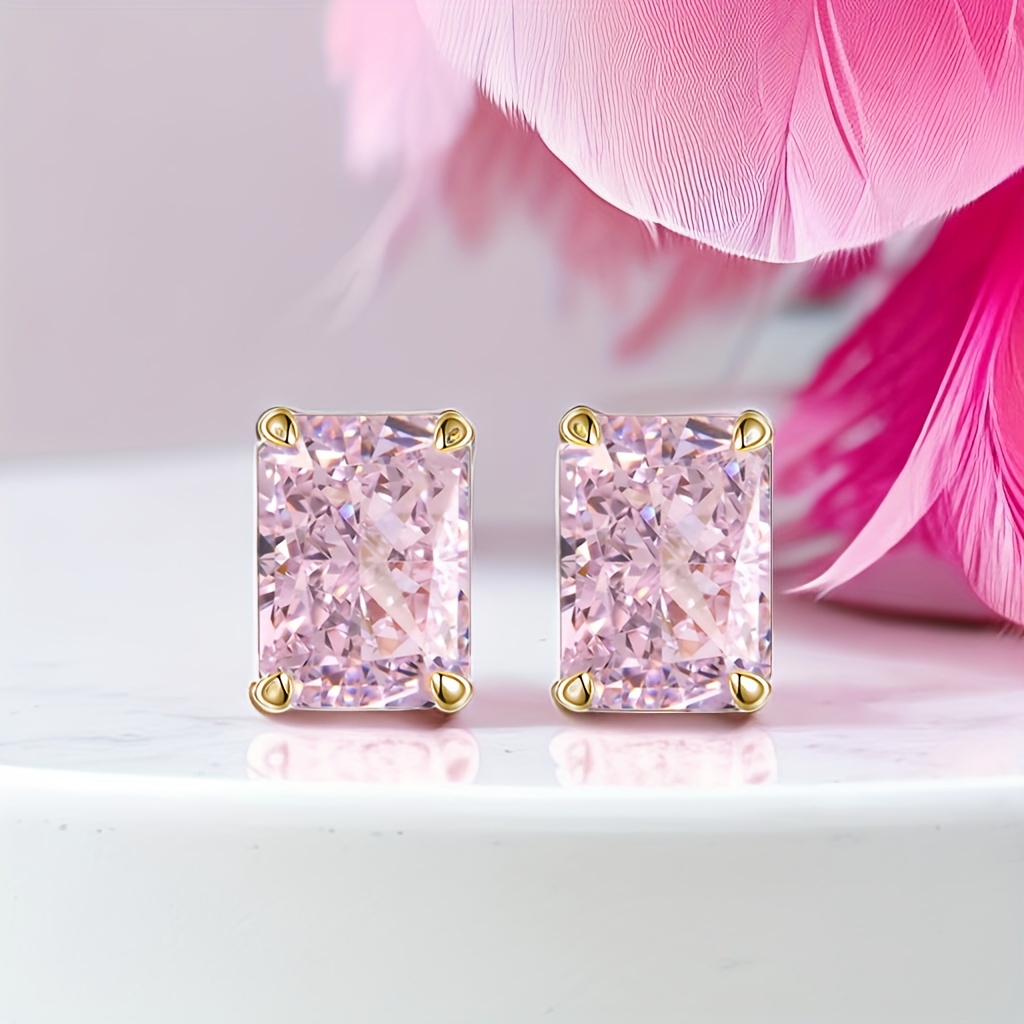 TEMU Boucles d'oreilles clous oblongues à quatre griffes pour femme, synthétique rose taille glace éclatante taille glace pilée, S925 argenté plaqué