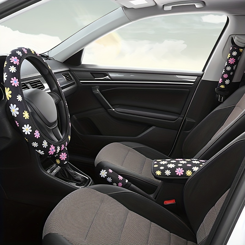 Daisy Flower Car Accessory Kit Steering Wheel Cover Seat - Temu