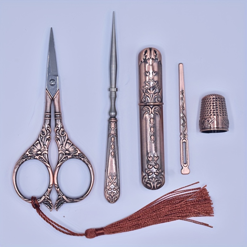 5Pcs/Set Antique Scissors Set for Embroidery Sewing Vintage Fabric Scissors+Needle  Storage Tube+Awl+Needle Thread+Thimble Set - 