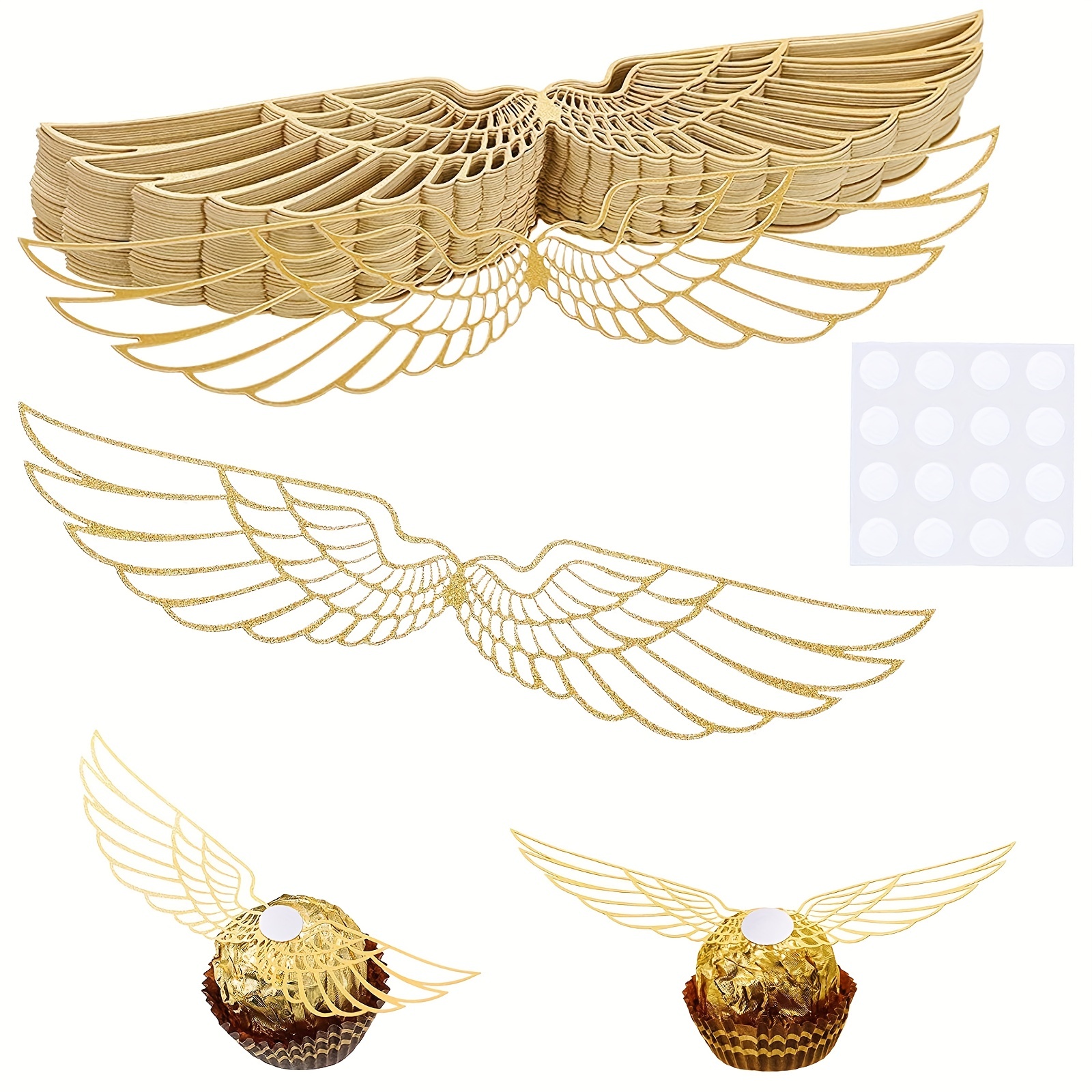 50 PCS Golden Snitch Wings Party Glitter Chocolate Wings Decor Wizard Party  Chocolate Decoration with Glue Point for Birthday Halloween Wizard Theme