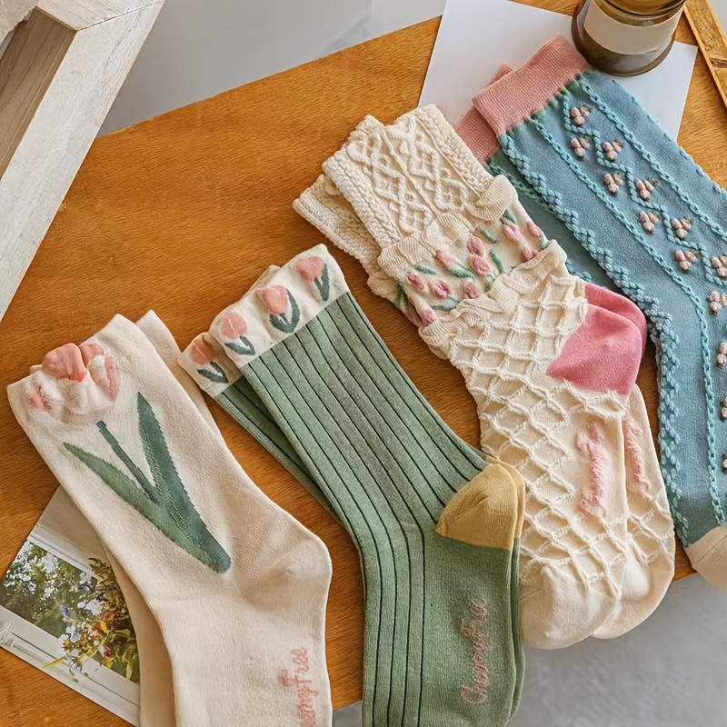 

4pairs Floral Socks Set, Women Cute Flower Geometric 3d Textured Ankle Cotton Blend Cottagecore Lucky Socks