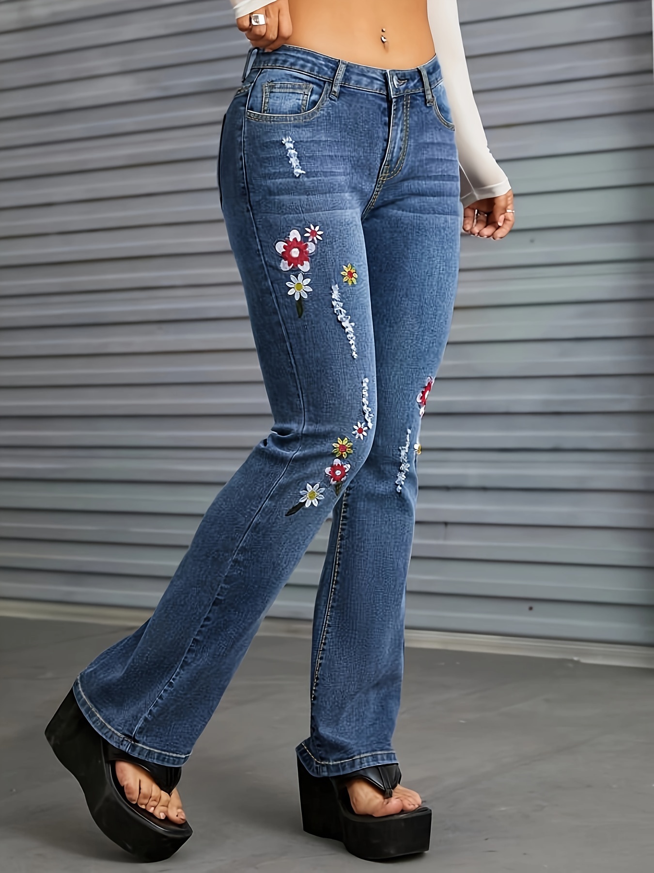 Blue Floral Embroidered Flare Jeans High Waist Slant Pockets - Temu