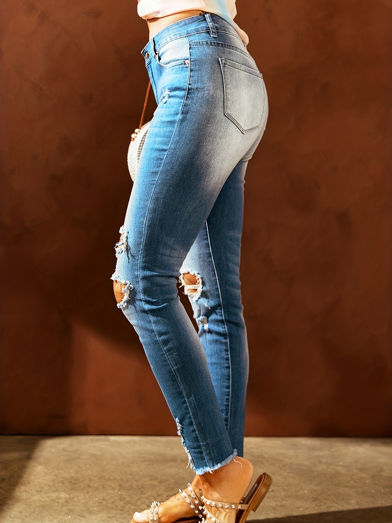 Pantalones de mezclilla para mujer, jeans con agujeros e estampados, jeans  delgados para mujer