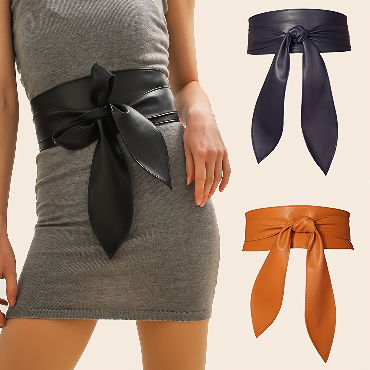 New Pleated Soft Faux Leather Wide Belt Self Tie Wrap Waistband