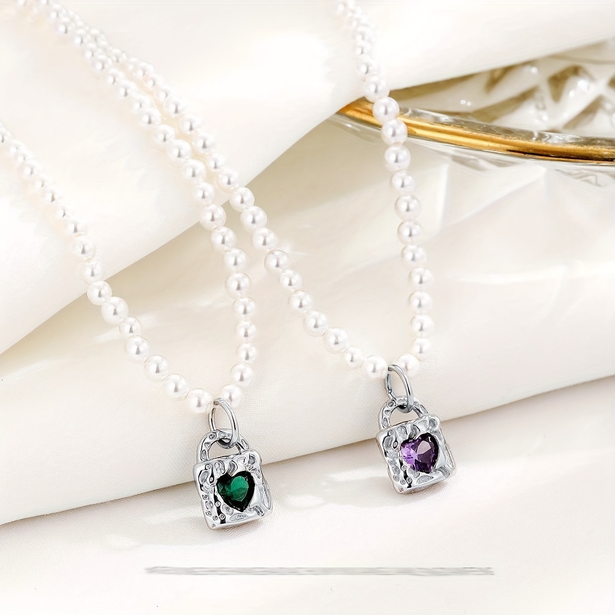 Lock Green Zircon Stone Pendant Necklace Double Chain Love 