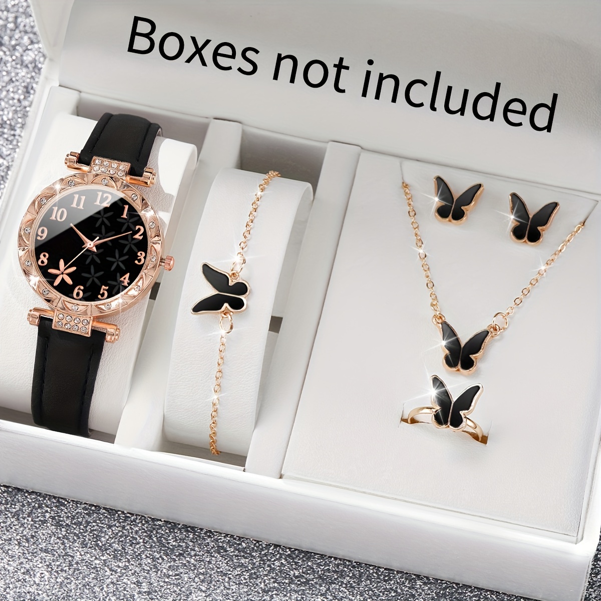 

6pcs/set Women's Casual Flower Rhinestone Quartz Watch Analog Pu Leather Wrist Watch & Jewelry Set, Gift For Mom Her