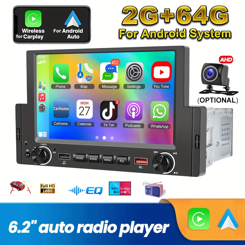 Radio estéreo de coche Android de 8 núcleos 4 GB+64 GB doble DIN para Apple  Carplay y Android Auto, radio de coche con pantalla táctil IPS de 10