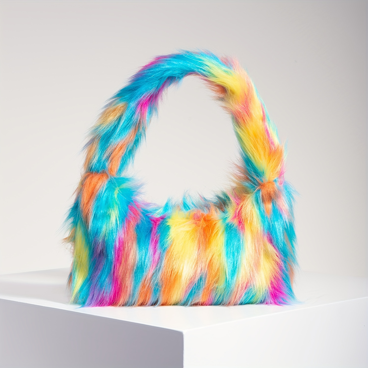 

Rainbow Plush Underarm Bag, Faux Fur Y2k Style Armpit Bag, Trendy Women's Shoulder Bag