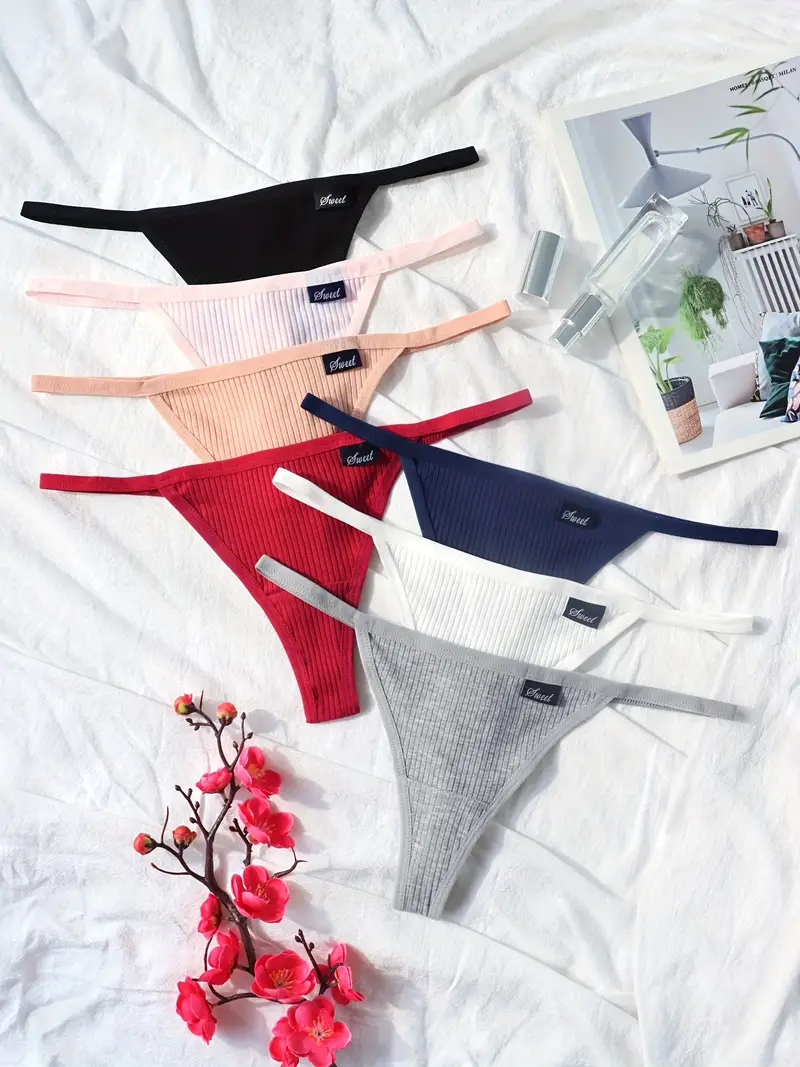 7pcs Rib Knit Mix Colors String Panties, Sexy & Comfort Elastic Low Waist  Panties, Women's Lingerie & Underwear
