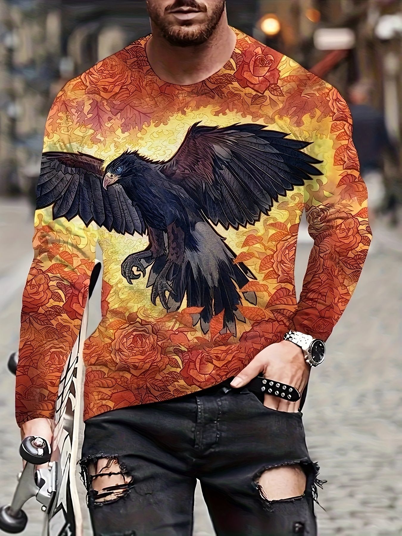 Unique Eagle Pattern Print Men's Graphic Design Crew Neck - Temu