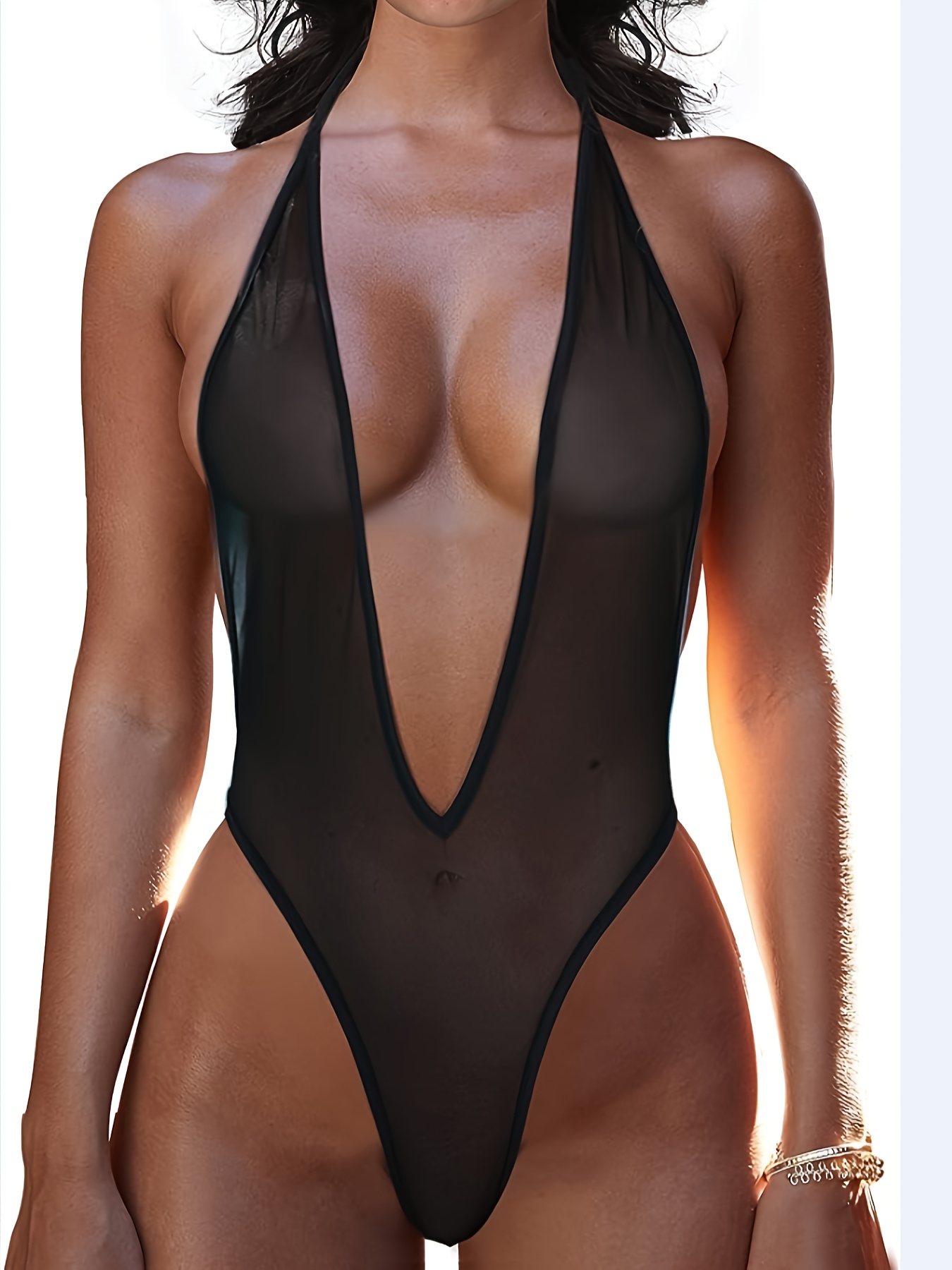 Sexy Womens See-Through Mesh High Cut Thong Bodysuit Swimwear One