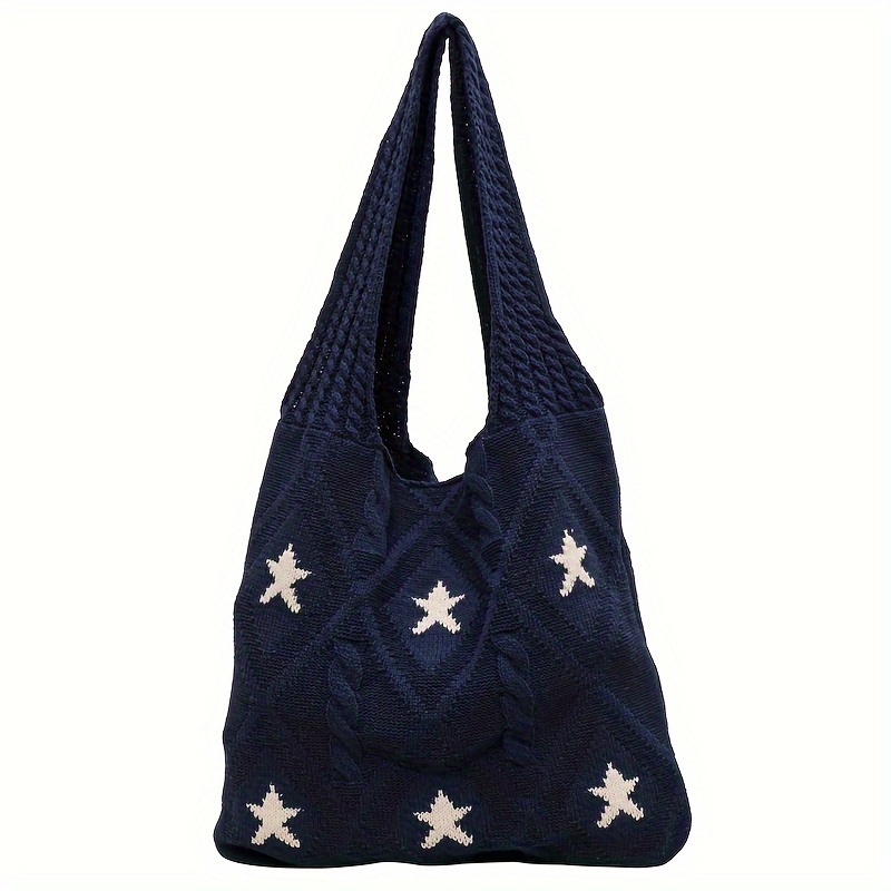 star pattern knitted tote bag aesthetic crochet bag for women retro woven shoulder bag for travel beach